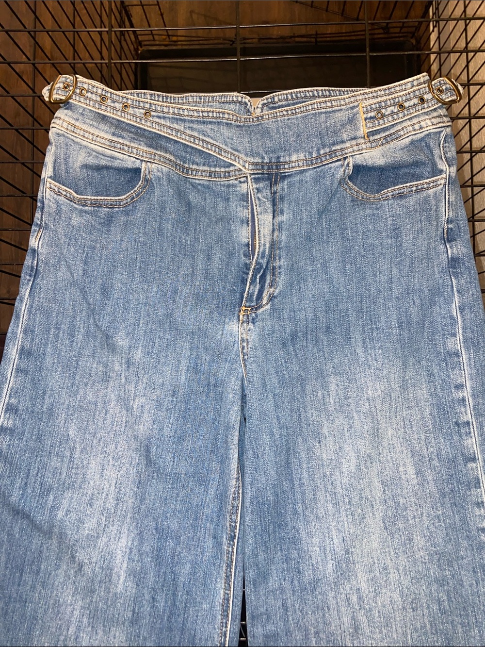 PAIGE Light Blue Flared Wide-Leg Jeans with Side Buckle Detail - Picture 2 of 9